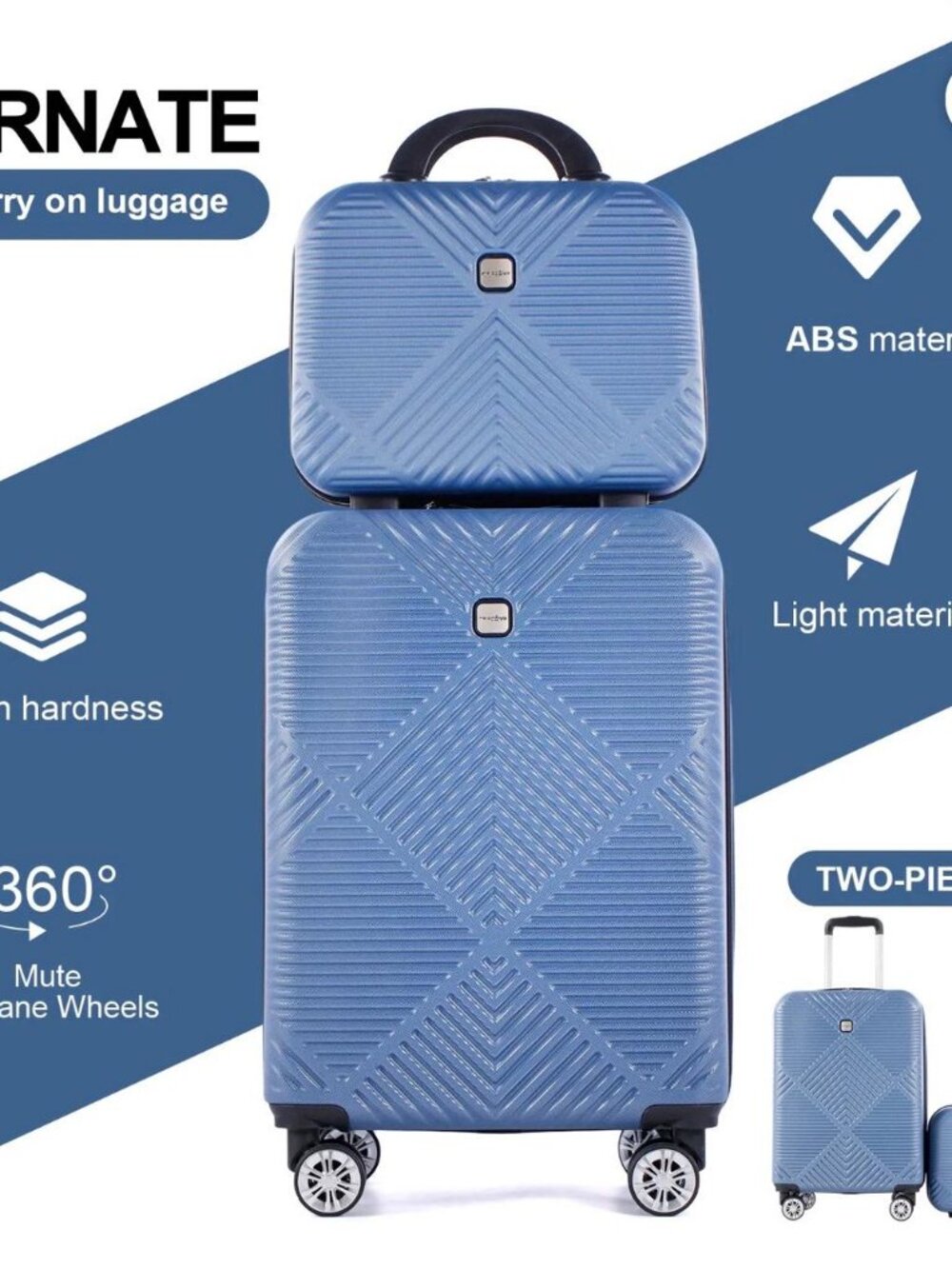 2-Piece Hardside Carry-On Luggage Set w/ Cosmetic Case Blue Spinner Suitcase - Picture 2 of 7